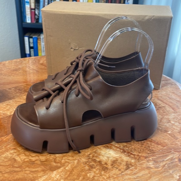 NIB    HZM | Coffee Lace-Up Super Soft Leather Platform Sandal   ZL840 - Picture 7 of 12